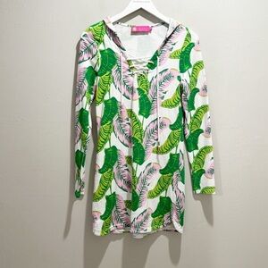 MACBETH COLLECTION Women’s Green Pink Coastal Prep Hooded Dress Cover-Up Size M